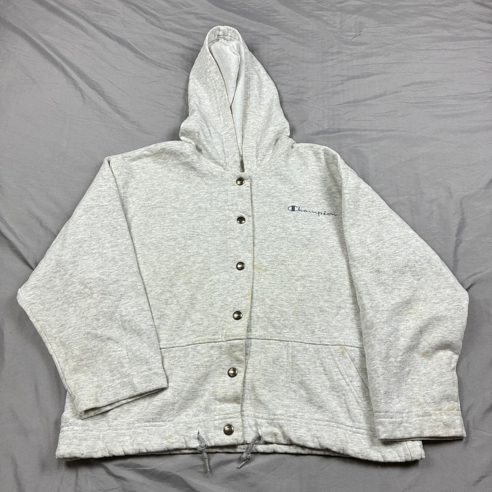 Champion Snap Front Hoodie Mens Small Gray VTG 90s Made in USA Boxy Drawstring